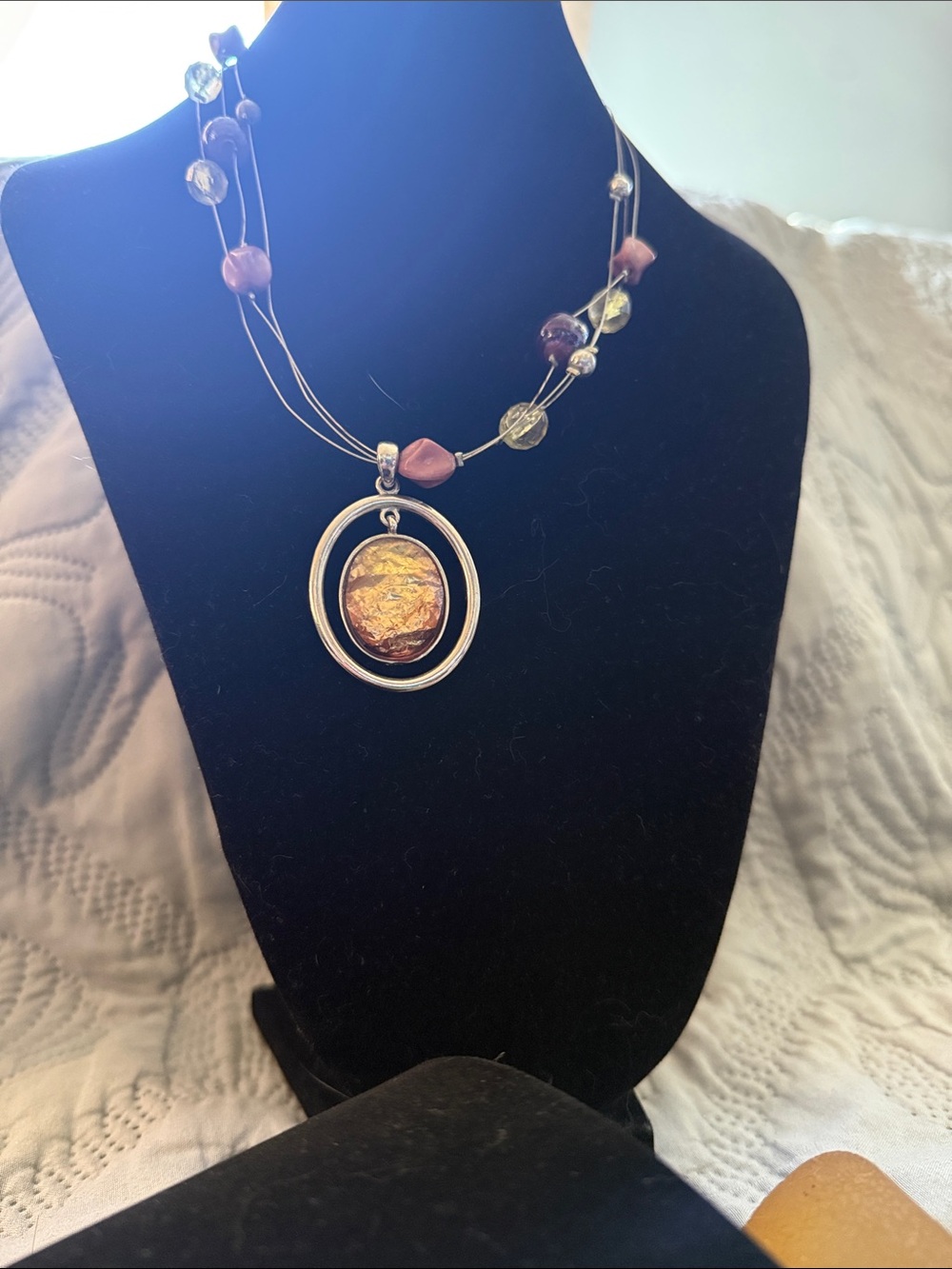 Handmade Multi-Strand Necklace with Gold-Tone Pendant and Purple Accents